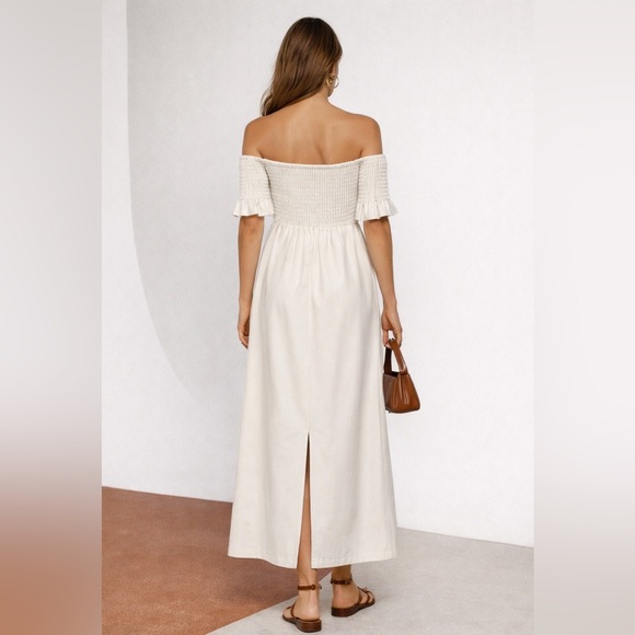 STAUD Off the Shoulder Vegan Leather Cream Dress - Picture 2 of 3